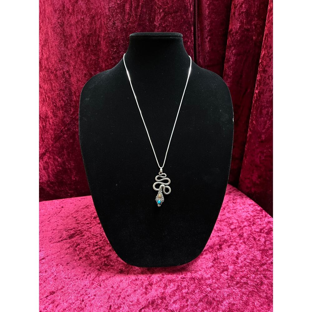 Vintage 925 Sterling Silver Snake Necklace – Turquoise Accent Serpent Pendant